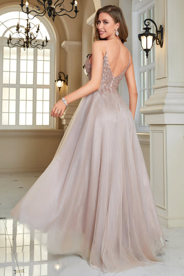 Glitter Blush A-Line Tylle Long Prom kjole med blonder